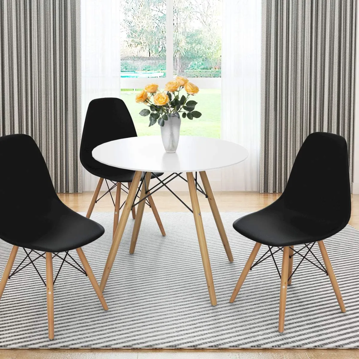 GOFLAME DSW Dining Chairs, Shell Plastic Chairs with Wood Legs, Modern Style Armless Chairs for Living Room Kitchen Bedroom, Eiffel DSW Style Side Chairs with Ergonomic Backrest Set of 2, Black