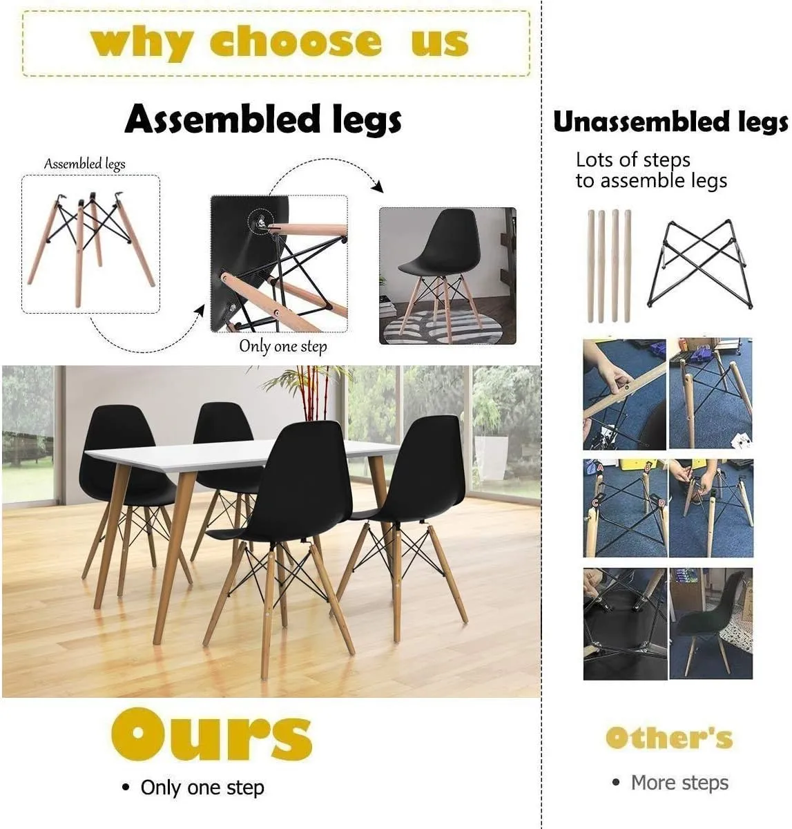 GOFLAME DSW Dining Chairs, Shell Plastic Chairs with Wood Legs, Modern Style Armless Chairs for Living Room Kitchen Bedroom, Eiffel DSW Style Side Chairs with Ergonomic Backrest Set of 2, Black