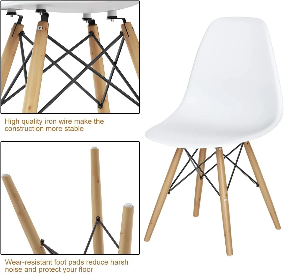 GOFLAME DSW Dining Chairs, Shell Plastic Chairs with Wood Legs, Modern Style Armless Chairs for Living Room Kitchen Bedroom, Eiffel DSW Style Side Chairs with Ergonomic Backrest Set of 2, White