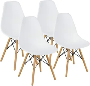 GOFLAME DSW Dining Chairs, Shell Plastic Chairs with Wood Legs, Modern Style Armless Chairs for Living Room Kitchen Bedroom, Eiffel DSW Style Side Chairs with Ergonomic Backrest Set of 4, White