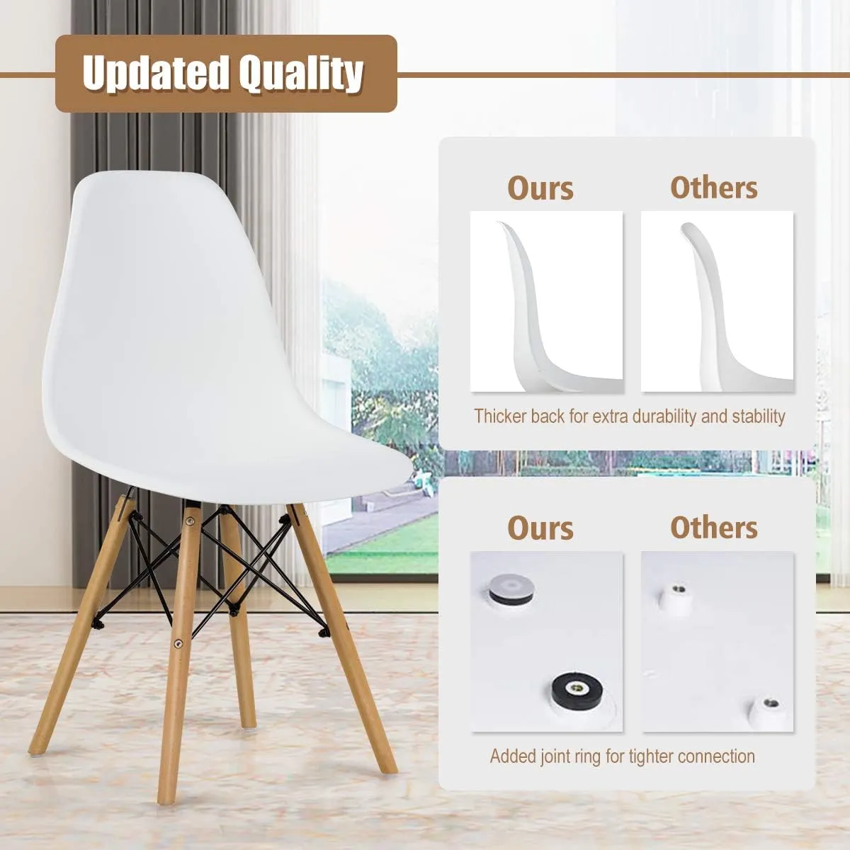 GOFLAME DSW Dining Chairs, Shell Plastic Chairs with Wood Legs, Modern Style Armless Chairs for Living Room Kitchen Bedroom, Eiffel DSW Style Side Chairs with Ergonomic Backrest Set of 4, White