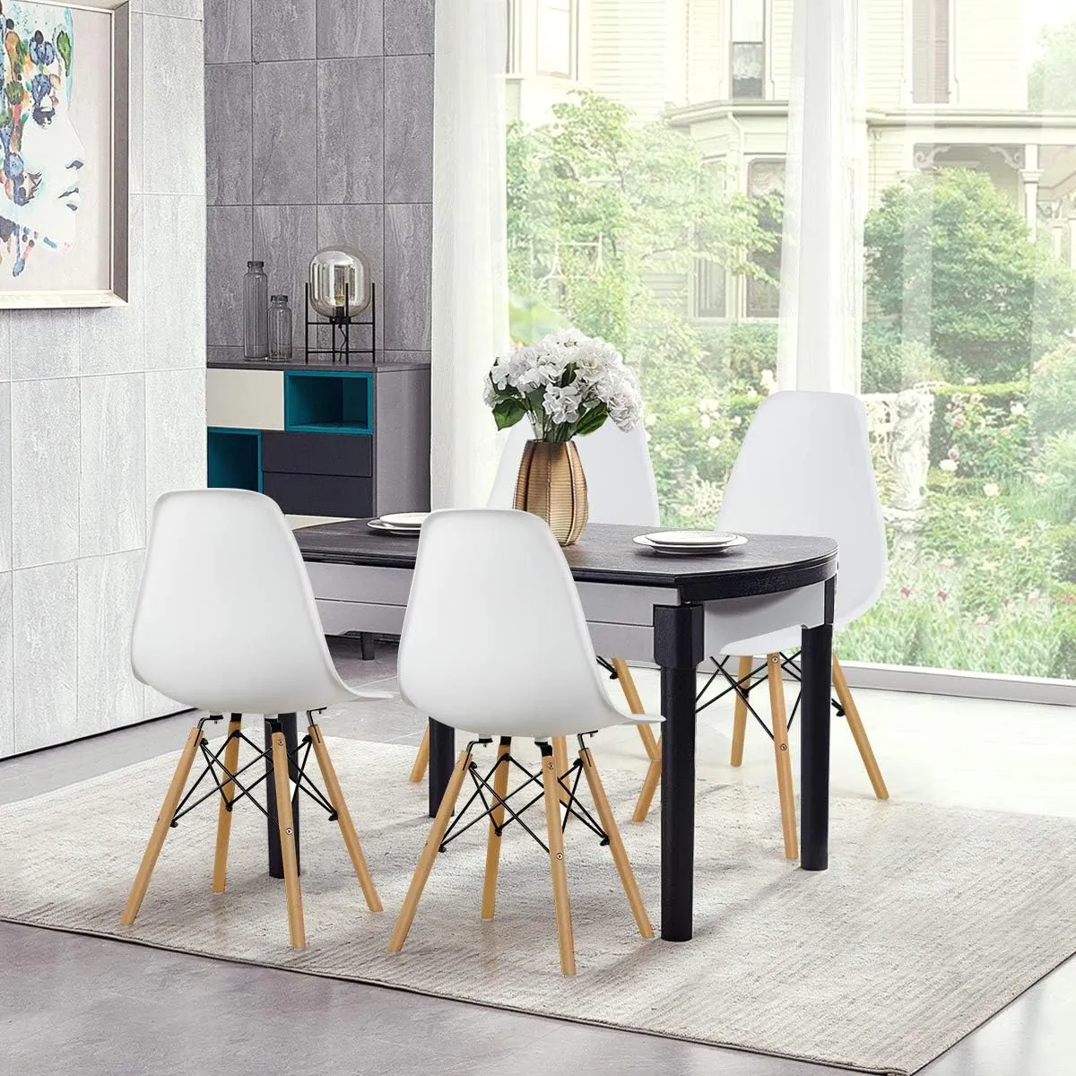 GOFLAME DSW Dining Chairs, Shell Plastic Chairs with Wood Legs, Modern Style Armless Chairs for Living Room Kitchen Bedroom, Eiffel DSW Style Side Chairs with Ergonomic Backrest Set of 4, White