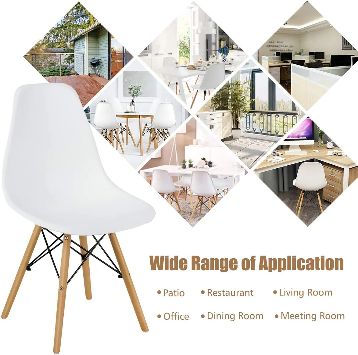 GOFLAME DSW Dining Chairs, Shell Plastic Chairs with Wood Legs, Modern Style Armless Chairs for Living Room Kitchen Bedroom, Eiffel DSW Style Side Chairs with Ergonomic Backrest Set of 4, White
