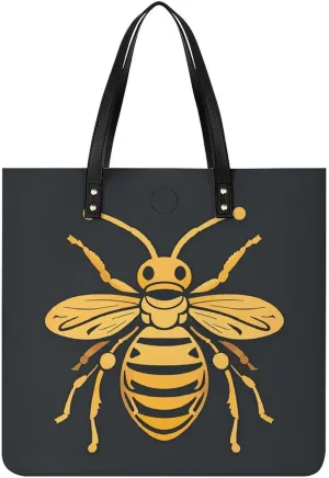 Golden Bee Insect Pattern Handbag Leather Tote Shoulder Bag Satchel Handbag with Top Handles Large Casual Handbags with Shoulder Work Bag for Women Travel Purse Dating Gift