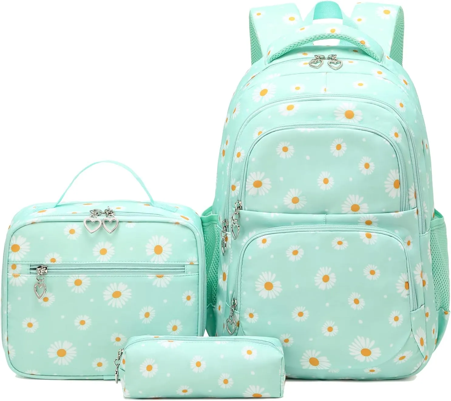 goldwheat Daisy Printed Backpacks With Lunch Pack Pencil Case 3pcs, Lightweight Water Resistant Bookbag For Middle School