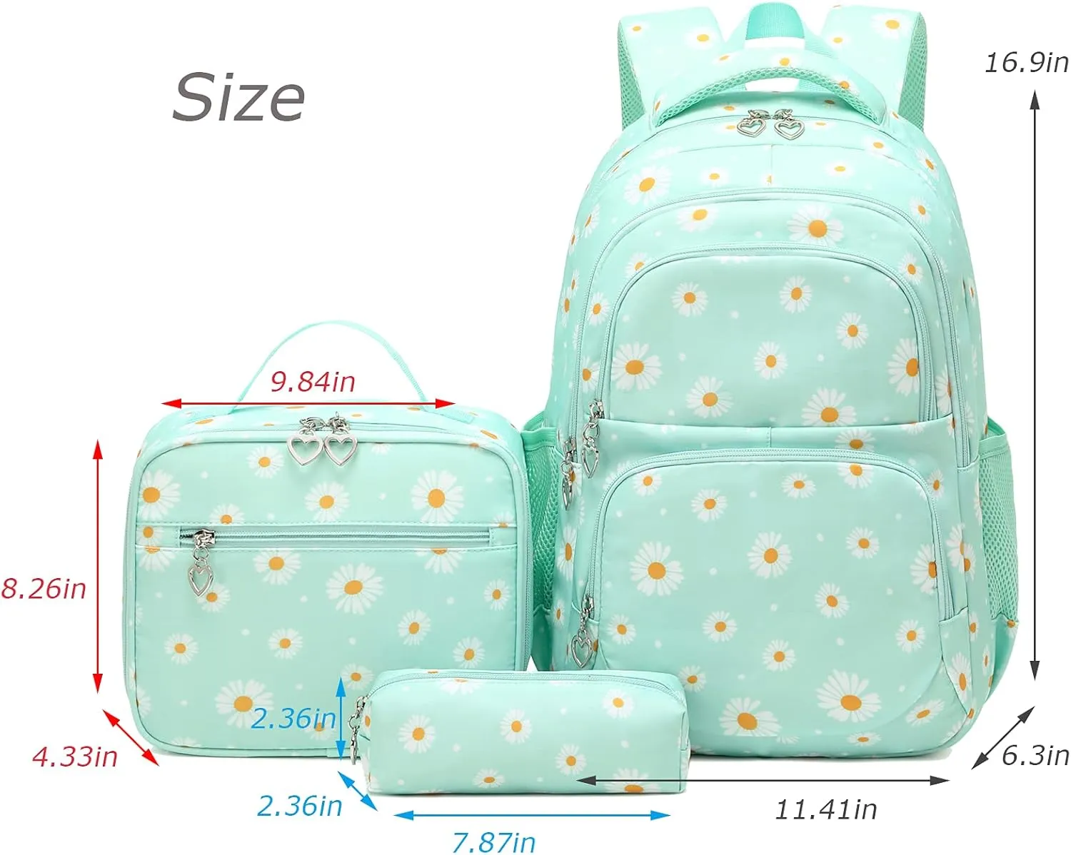 goldwheat Daisy Printed Backpacks With Lunch Pack Pencil Case 3pcs, Lightweight Water Resistant Bookbag For Middle School