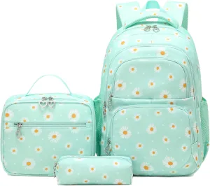 goldwheat Daisy Printed Backpacks With Lunch Pack Pencil Case 3pcs, Lightweight Water Resistant Bookbag For Middle School