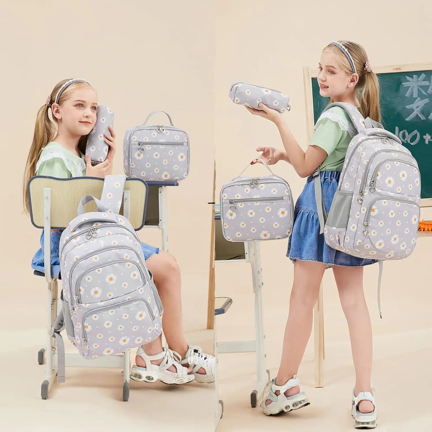 goldwheat Daisy Printed Backpacks With Lunch Pack Pencil Case 3pcs, Lightweight Water Resistant Bookbag For Middle School