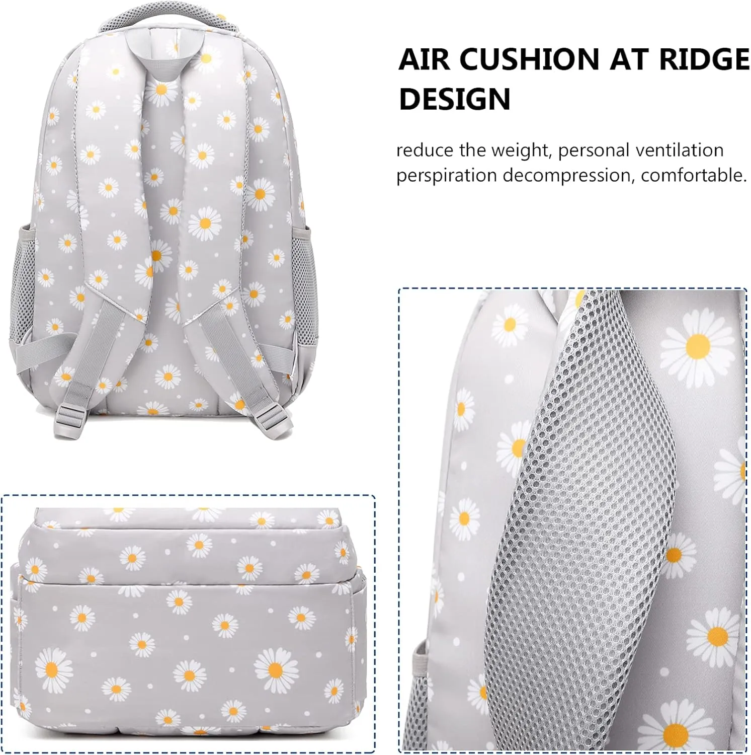 goldwheat Daisy Printed Backpacks With Lunch Pack Pencil Case 3pcs, Lightweight Water Resistant Bookbag For Middle School