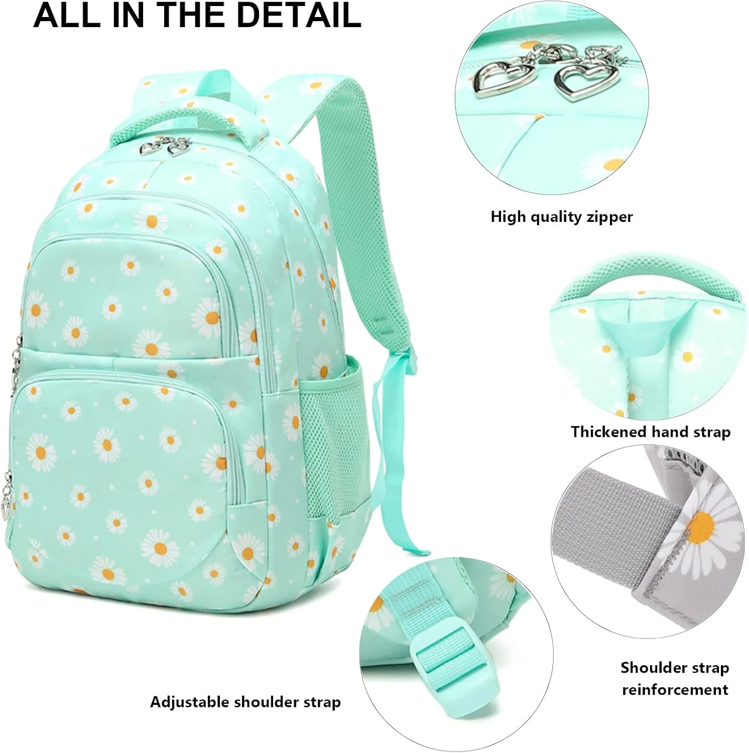 goldwheat Daisy Printed Backpacks With Lunch Pack Pencil Case 3pcs, Lightweight Water Resistant Bookbag For Middle School