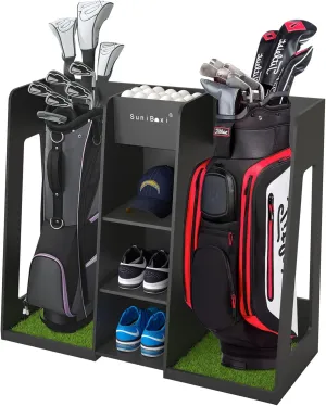 Golf Bag Organizer Storage Rack Stand Holder Fits 2 Extra Large Golf Club Bags and Multiple Golfing Equipment Accessories Great Gifts for Any Skill Level Golfer in Garage Shed Basement Indoor Outdoor