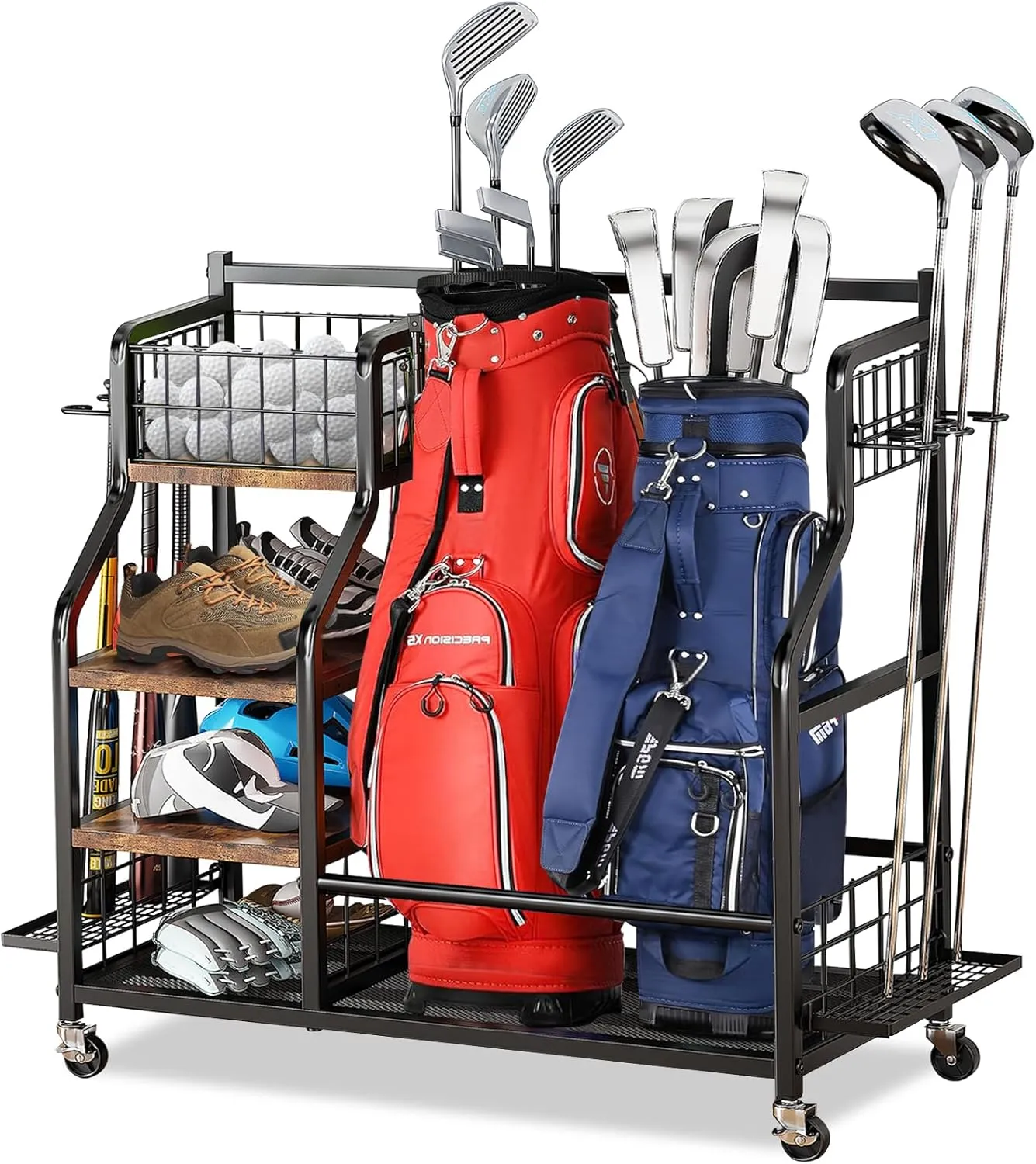 Golf Bag Storage Garage Organizer,Golf Accessories Rack,Golf Storage Stand Fit for 2 Golf Bag and Golf Clubs&Golf Balls,Sports Equipment Organizer as Fishing bags, Tennis Rackets, Skateboard