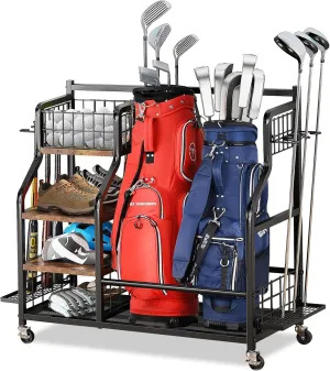 Golf Bag Storage Garage Organizer,Golf Accessories Rack,Golf Storage Stand Fit for 2 Golf Bag and Golf Clubs&Golf Balls,Sports Equipment Organizer as Fishing bags, Tennis Rackets, Skateboard