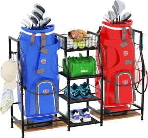 Golf Bag Storage Organizer for Garage, Golf Organizer Rack for 2 Golf Bags, Golf Bag Stand for Golf Bag Accessories, Freestanding Golf Club Holder for Garage, Shed, Home, Golf Gifts for Men