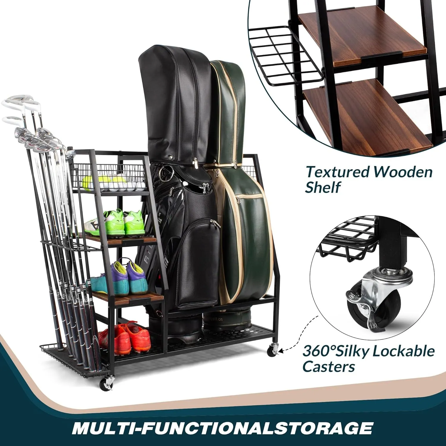 Golf Bags Storage Garage Organizer, Golf Bag Rack Fits 2/3 Golf Bags and Golf Equipment Accessories, Golf Club Storage Stand with Wooden Shelf and Lockable Wheels for Garage Indoor Basement