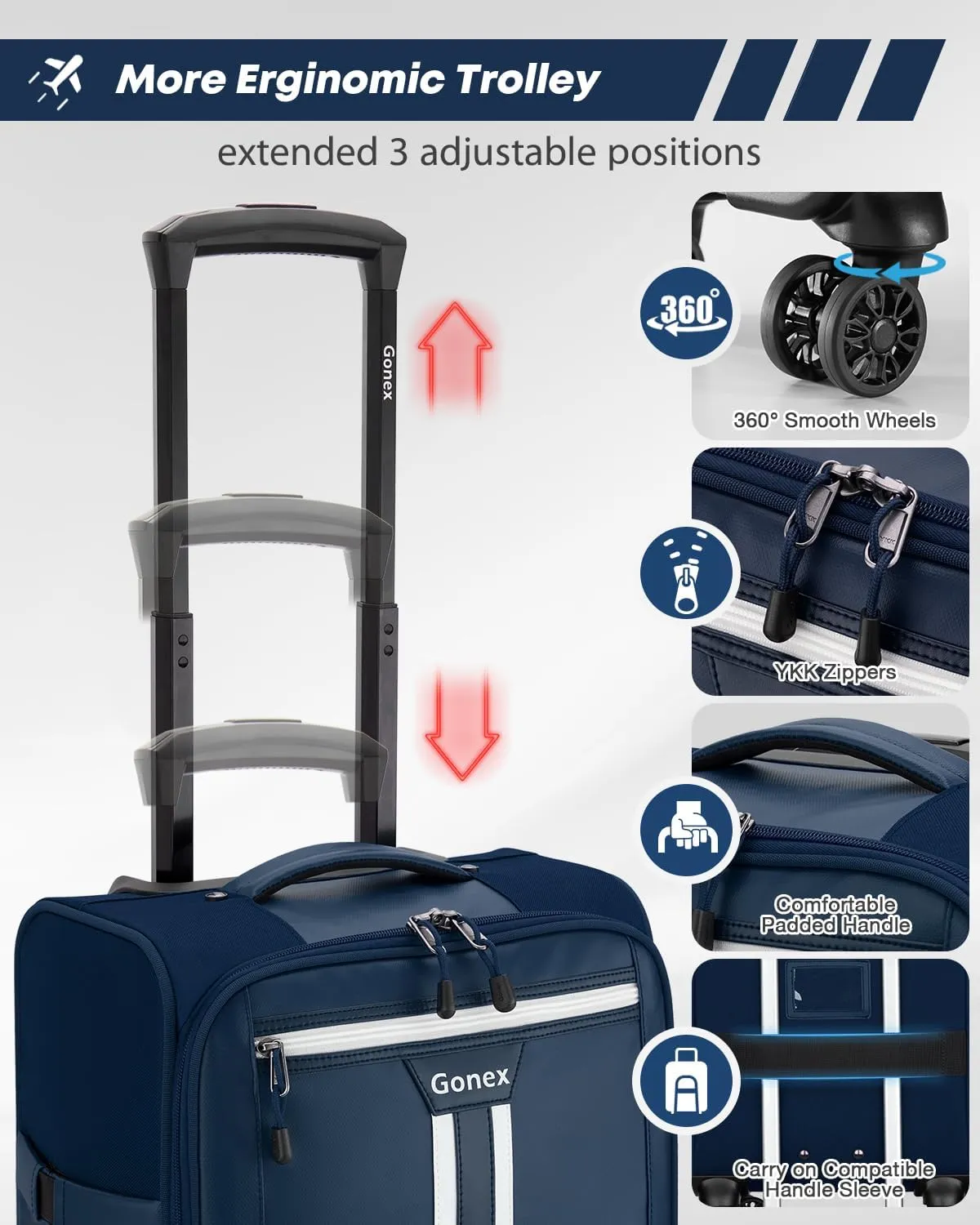 Gonex 16 inch Underseat Carry On Luggage with Spinner Wheels, Water Resistant PVC Wheeled Travel Bag Airline Approved, Softside Small Rolling Personal Item Suitcase for Men Women, Blue