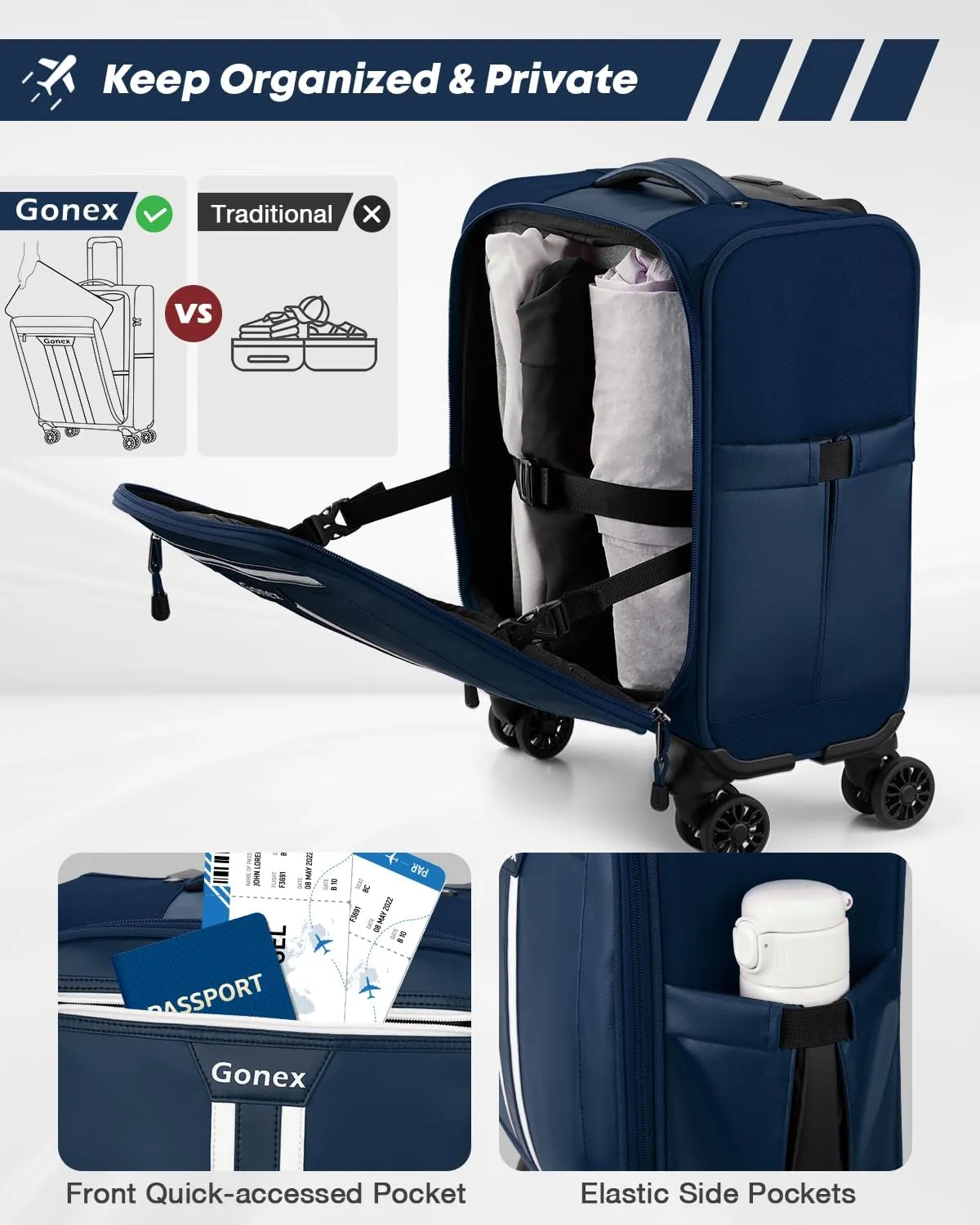 Gonex 16 inch Underseat Carry On Luggage with Spinner Wheels, Water Resistant PVC Wheeled Travel Bag Airline Approved, Softside Small Rolling Personal Item Suitcase for Men Women, Blue