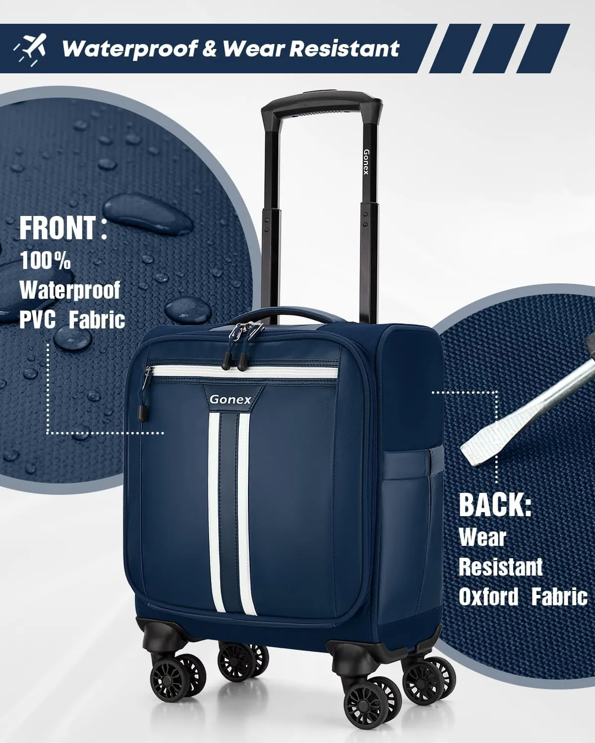 Gonex 16 inch Underseat Carry On Luggage with Spinner Wheels, Water Resistant PVC Wheeled Travel Bag Airline Approved, Softside Small Rolling Personal Item Suitcase for Men Women, Blue