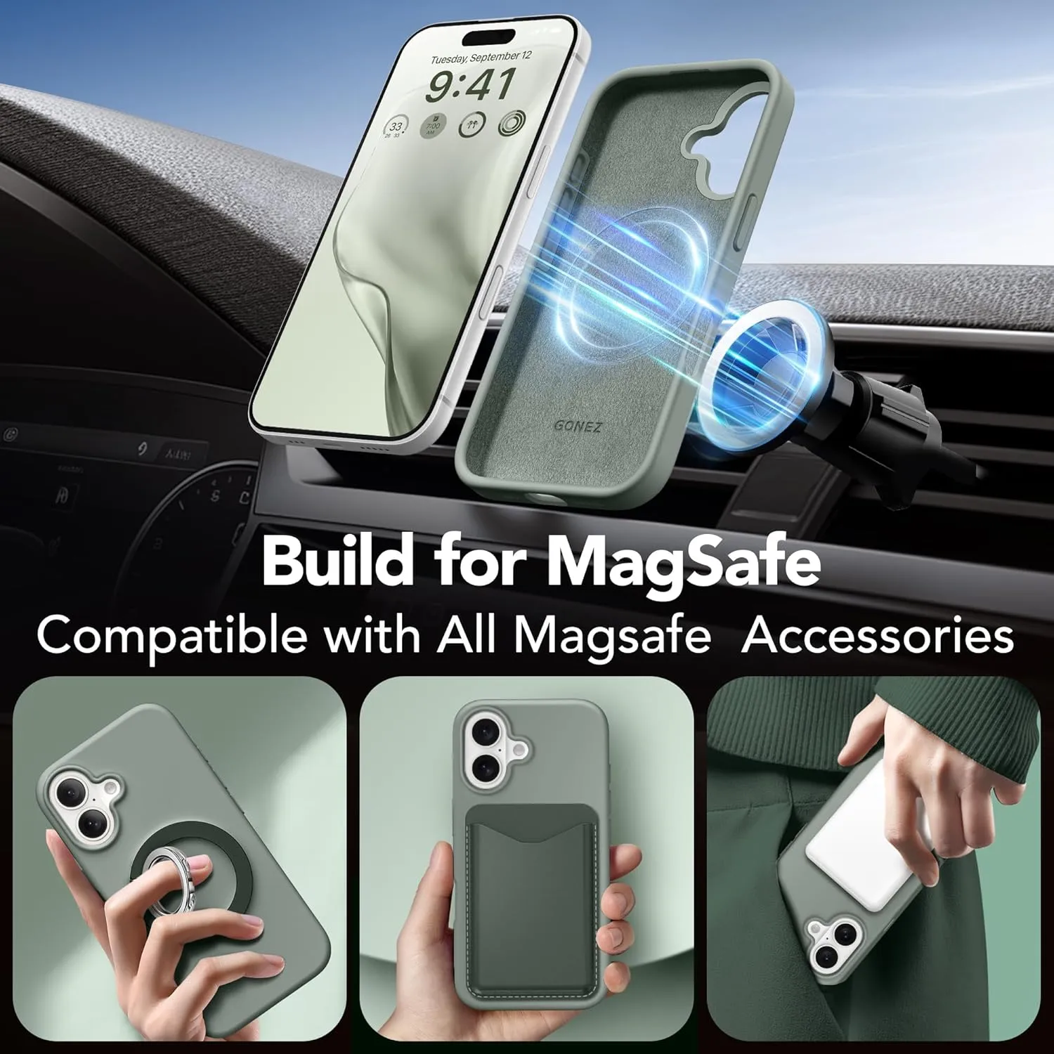 GONEZ Magnetic for iPhone 16 Case, Compatible with MagSafe, [Screen Protector   Camera Lens Protector], Silicone Shockproof Anti-Scratch Protective Phone Case 6.1 inch, Calke Green