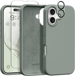 GONEZ Magnetic for iPhone 16 Case, Compatible with MagSafe, [Screen Protector   Camera Lens Protector], Silicone Shockproof Anti-Scratch Protective Phone Case 6.1 inch, Calke Green