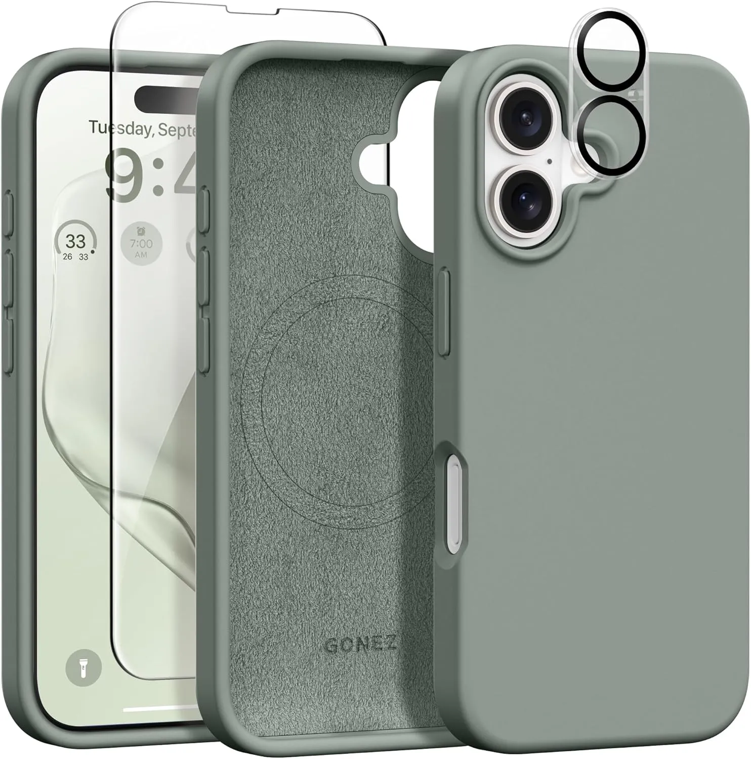 GONEZ Magnetic for iPhone 16 Case, Compatible with MagSafe, [Screen Protector   Camera Lens Protector], Silicone Shockproof Anti-Scratch Protective Phone Case 6.1 inch, Calke Green