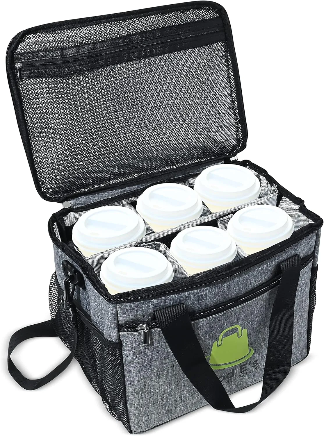 Good E’s Reusable 6 Cups Insulated Beverage Bag for Daily Takeout, Portable Cooler Tote Bag with 5 Divider, Shoulder Strap & Side Pockets, Drink Caddy Cup Holder Carrier for Delivery Travel (6 Cups)