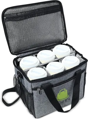 Good E’s Reusable 6 Cups Insulated Beverage Bag for Daily Takeout, Portable Cooler Tote Bag with 5 Divider, Shoulder Strap & Side Pockets, Drink Caddy Cup Holder Carrier for Delivery Travel (6 Cups)