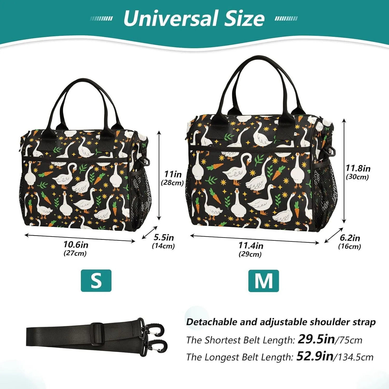 Goose Carrot Star Black Lunch Box Bag for Women Men Insulated Lunch Boxes Large Lunch Tote Bags with Shoulder Strap for Adults Work Picnic Hiking Beach Fishing,S