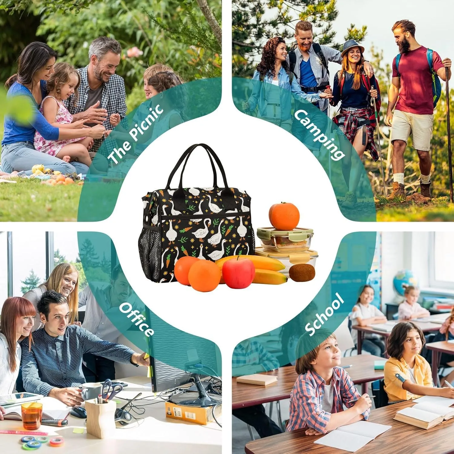Goose Carrot Star Black Lunch Box Bag for Women Men Insulated Lunch Boxes Large Lunch Tote Bags with Shoulder Strap for Adults Work Picnic Hiking Beach Fishing,S