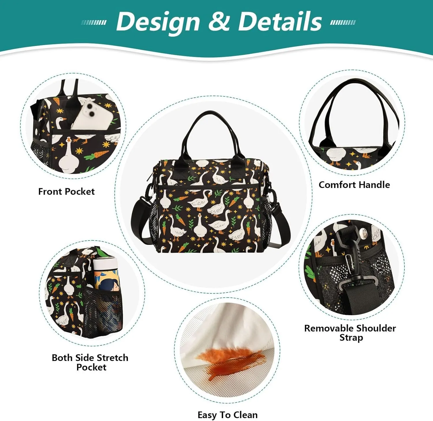 Goose Carrot Star Black Lunch Box Bag for Women Men Insulated Lunch Boxes Large Lunch Tote Bags with Shoulder Strap for Adults Work Picnic Hiking Beach Fishing,S