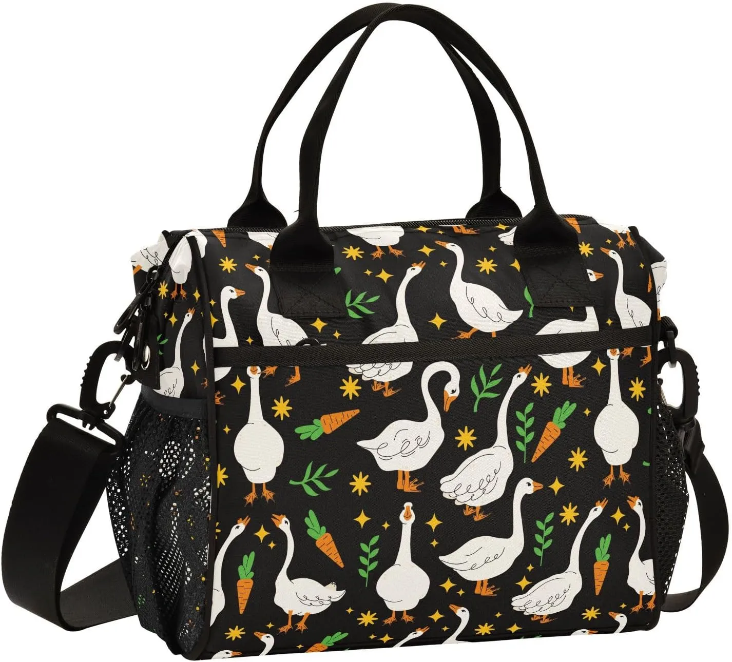 Goose Carrot Star Black Lunch Box Bag for Women Men Insulated Lunch Boxes Large Lunch Tote Bags with Shoulder Strap for Adults Work Picnic Hiking Beach Fishing,S