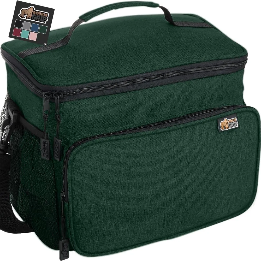GORILLA GRIP Reusable Insulated Lunch Box Bag for Women Men, 15L, Leakproof Soft Cooler Bags, Multiple Compartments, Mesh Pockets and Adjustable Strap, Food Tote Keeps Drinks Cold, 13x9, Hunter Green
