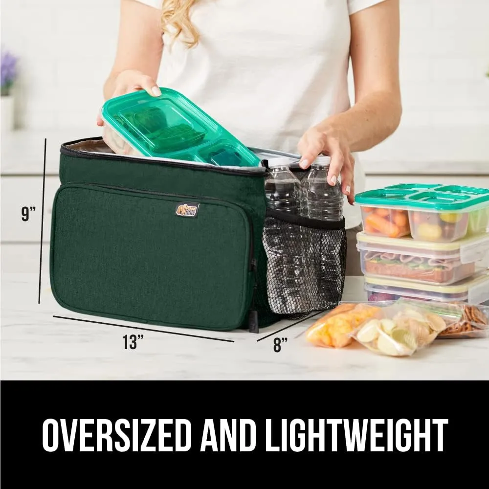 GORILLA GRIP Reusable Insulated Lunch Box Bag for Women Men, 15L, Leakproof Soft Cooler Bags, Multiple Compartments, Mesh Pockets and Adjustable Strap, Food Tote Keeps Drinks Cold, 13x9, Hunter Green