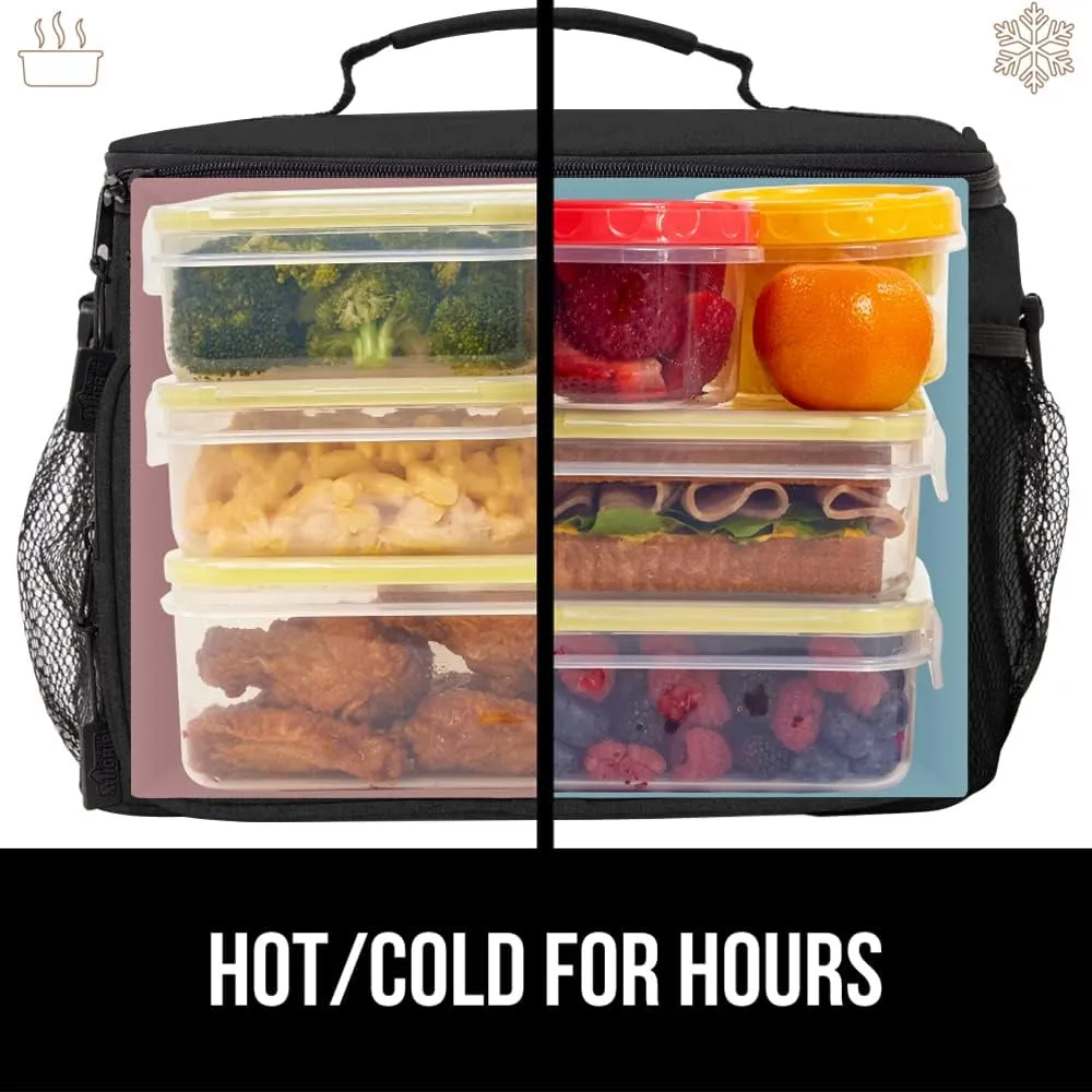 GORILLA GRIP Reusable Insulated Lunch Box Bag for Women Men, Large Leakproof Soft Cooler Bags, Multiple Compartments, Mesh Pockets, Adjustable Strap, Food Tote Keeps Drinks Cold, 8L, 10x9, Black