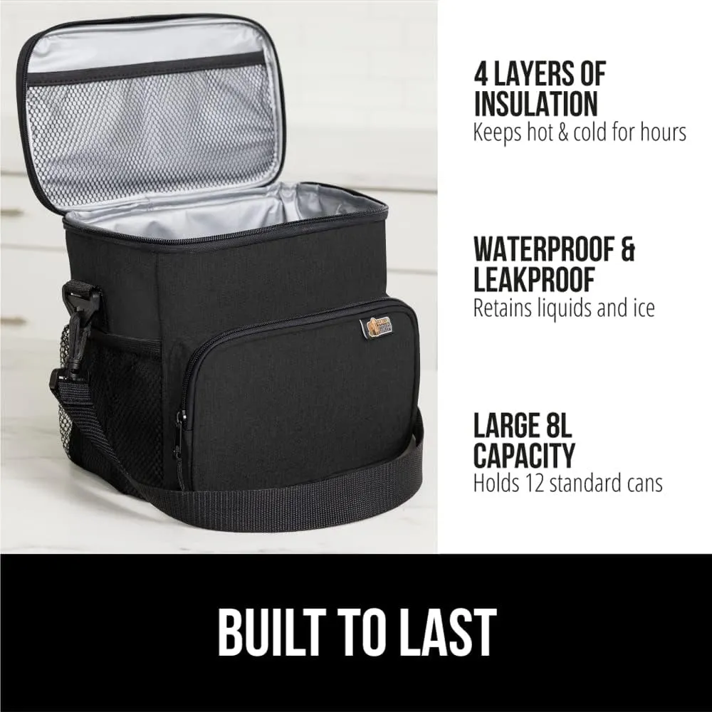 GORILLA GRIP Reusable Insulated Lunch Box Bag for Women Men, Large Leakproof Soft Cooler Bags, Multiple Compartments, Mesh Pockets, Adjustable Strap, Food Tote Keeps Drinks Cold, 8L, 10x9, Black