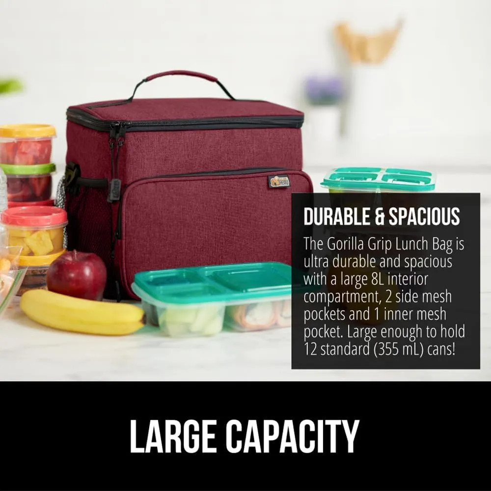 GORILLA GRIP Reusable Insulated Lunch Box Bag for Women Men, Large Leakproof Soft Cooler Bags, Multiple Compartments, Mesh Pockets, Adjustable Strap, Food Tote Keeps Drinks Cold, 8L, 10x9, Burgundy