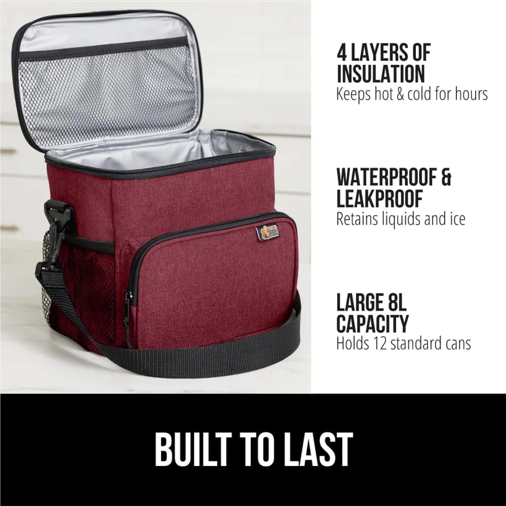 GORILLA GRIP Reusable Insulated Lunch Box Bag for Women Men, Large Leakproof Soft Cooler Bags, Multiple Compartments, Mesh Pockets, Adjustable Strap, Food Tote Keeps Drinks Cold, 8L, 10x9, Burgundy