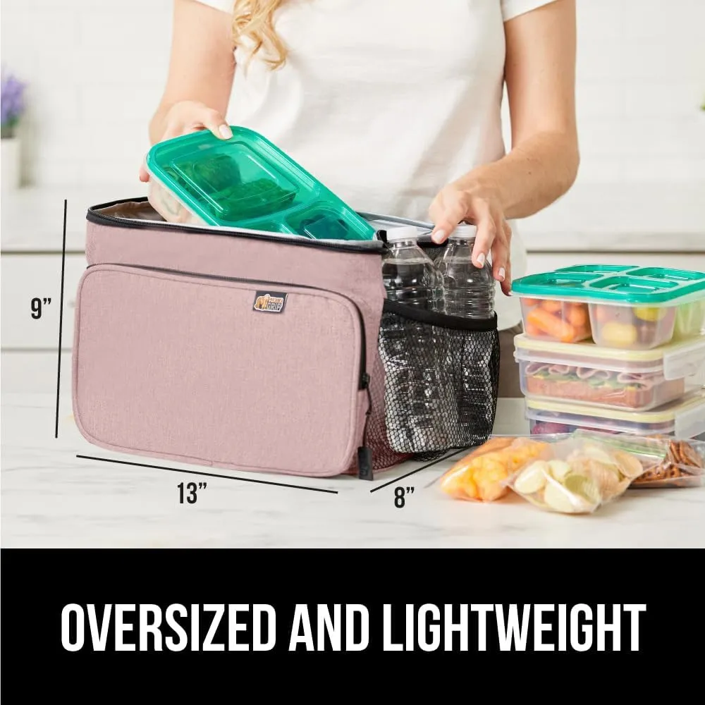 GORILLA GRIP Reusable Insulated Lunch Box Bag for Women Men,15L, Leakproof XL Soft Cooler Bags, Multiple Compartments, Mesh Pockets and Adjustable Strap, Food Tote Keeps Drinks Cold, 13x9, Pink