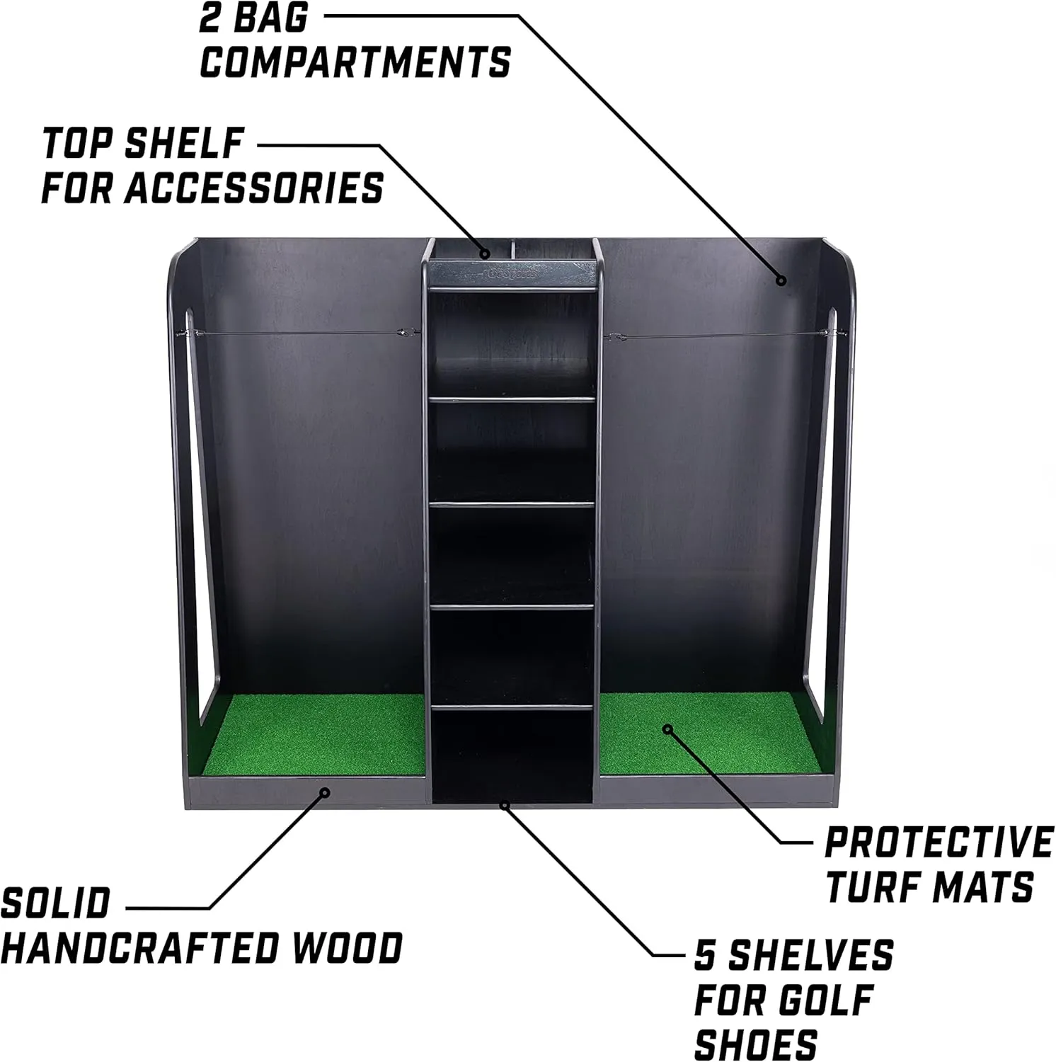 GoSports Premium Wooden Golf Bag Organizer and Storage Rack - Black, White or Brown Finish - Holds 2 Golf Bags