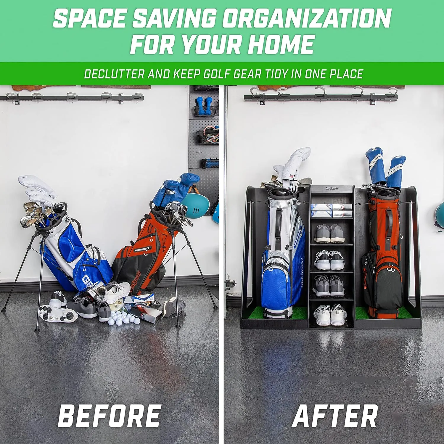 GoSports Premium Wooden Golf Bag Organizer and Storage Rack - Black, White or Brown Finish - Holds 2 Golf Bags