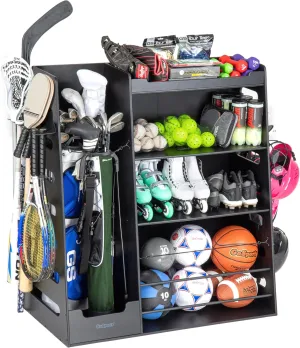 GoSports Premium Wooden Sports Equipment Organizer with Storage Hooks - Golf Bag Rack and Multi-Sport Ball Bin for Garage