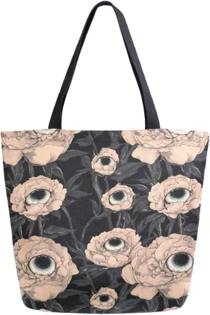 Goth Peonies with Eyeball Moody Floral Canvas Tote Bag for Women with Zipper Pocket Reusable Grocery Shopping Bags Large Travel Shoulder Bag Handbag Bags