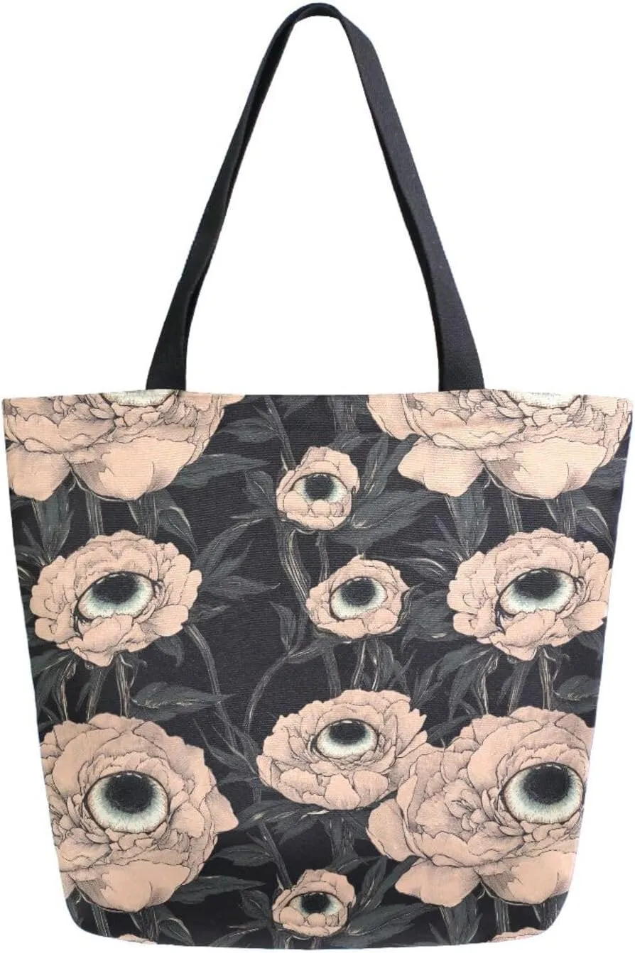 Goth Peonies with Eyeball Moody Floral Canvas Tote Bag for Women with Zipper Pocket Reusable Grocery Shopping Bags Large Travel Shoulder Bag Handbag Bags