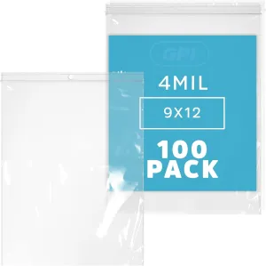 GPI - 9" X 12" Clear Plastic Zip Bags, 100 Count, Heavy-Duty 4 Mil Thick Durable Poly Baggies With Resealable Zipper Lock, Hang-Hole For Display.