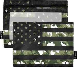 Green Camo Flag Pencil Pouch for 3 Ring Binder 2 Pack Clear Window Pencil Bags with Zipper Pencil Case for School Class Office College Supplies