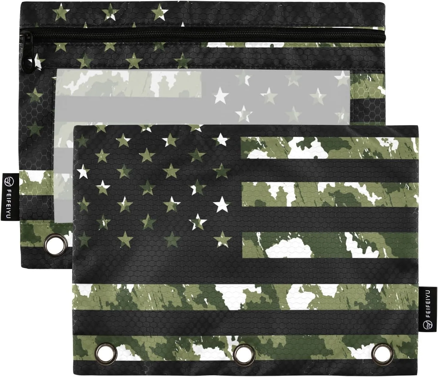 Green Camo Flag Pencil Pouch for 3 Ring Binder 2 Pack Clear Window Pencil Bags with Zipper Pencil Case for School Class Office College Supplies