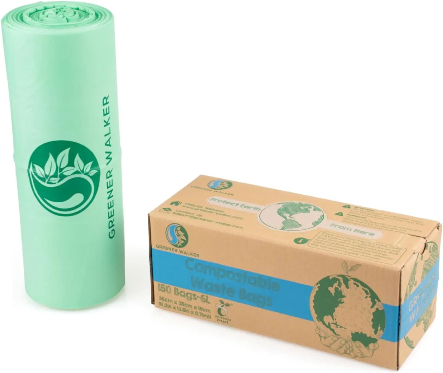 GREENER WALKER 100% Compostable Trash Bags, 1.6 Gallon-150Bags, Food Scrap Kitchen Waste Bags with EN13432 Certified