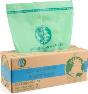 GREENER WALKER 100% Compostable Trash Bags, 1.6 Gallon-150Bags, Food Scrap Kitchen Waste Bags with EN13432 Certified