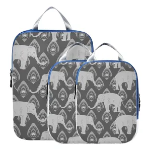 Grey Monochrome Tribal Ethnic Indian Elephant Peacock Feather 3 Set Packing Cubes, Waterproof Check Oxford cloth Organizers, Travel Packing Toiletry Storage Bag