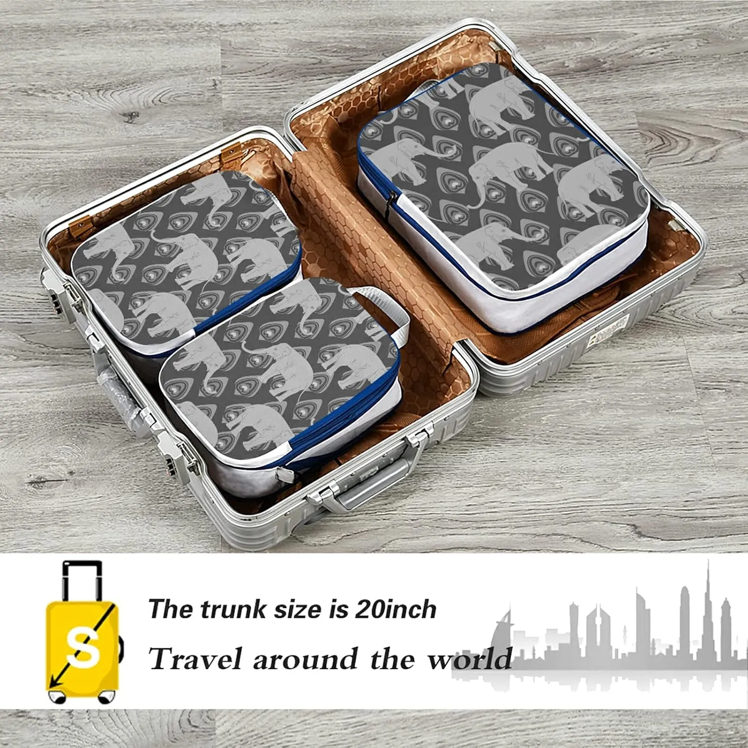 Grey Monochrome Tribal Ethnic Indian Elephant Peacock Feather 3 Set Packing Cubes, Waterproof Check Oxford cloth Organizers, Travel Packing Toiletry Storage Bag